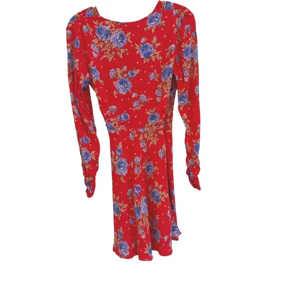 Zara Red Floral Polka Dot Wrap Mini Dress Long Sleeve XS V-Neck Boho Summer EUV - Picture 5 of 9